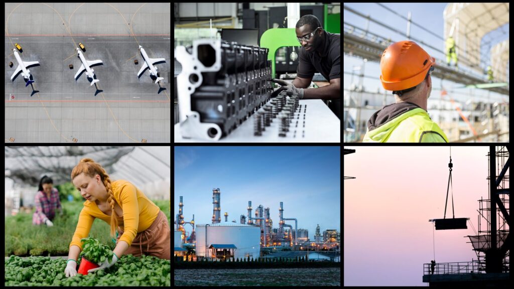 A collage of different images of people working
